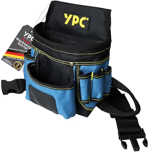 YPC Presto Werkzeug Gürteltasche XL – Werkzeuggürtel, Arbeitsgürtel, wasserfeste Werkzeugtasche mit Hammerschlaufe, reißfester Nylongürtel, 12 Taschen, Blau-Schwarz, 27x21x13cm – 5 kg Tragkraft