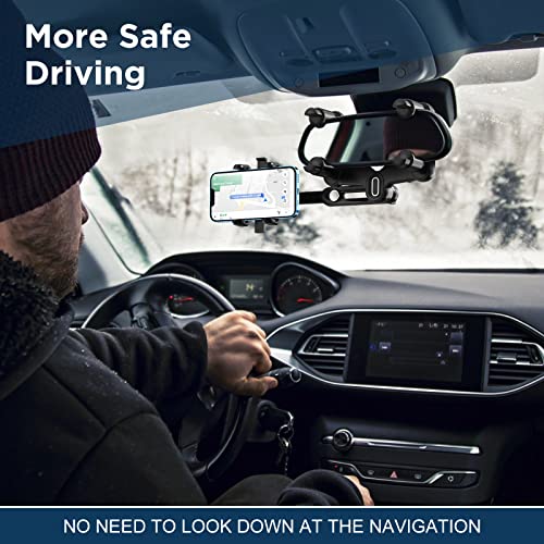 IPOW Large Rearview Mirror Phone Holder for Car 360°Rotatable and Retractable, 2023 Upgraded Four Corners Fixed Anti-Shake Multifunctional Design for Car Rearview Mirror with Button - Thumbnail 2