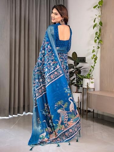 Image of ALMAARI FASHION Handloom Cotton Saree, Royal Blue with Floral Bird Print, Silver Zari Border, 5.5 Metres