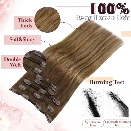 Easyouth Clip in Human Hair Extensions Brown Balayage Clip in Extensions Real Human Hair Ombre Brown to Honey Blonde Real Hair Extension Clip in Easy to Apply 14Inch 70g 5Pcs #4/27/4 - Image 4