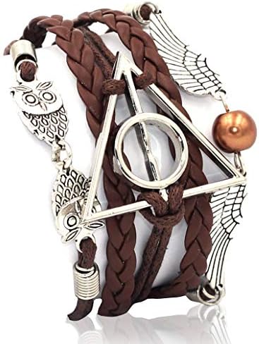 Handcrafted Harry Potter Bracelet, Antique Silver Harry Potter, Owls, Wings Charm Brown Leather Bracelet Wristband Jewelry Gift