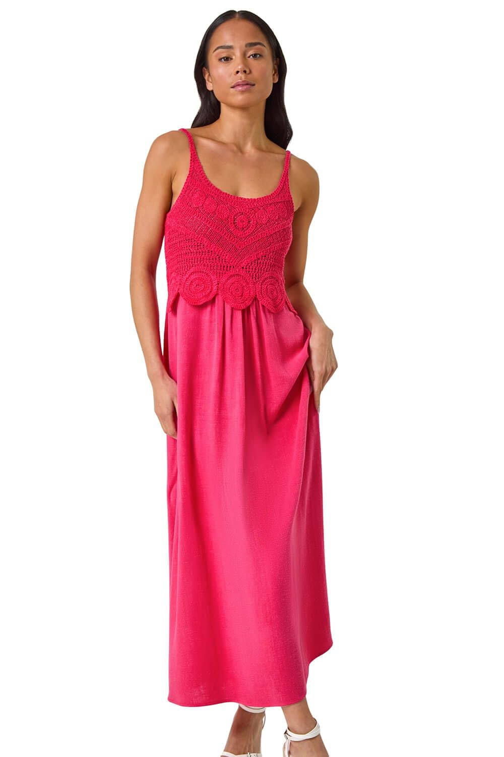 Roman Petite Women's Cerise Crochet Contrast Midi Dress Size 18