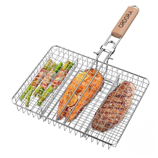 ORDORA Portable Fish Grill Basket, BBQ Grilling Basket for Outdoor Grill, Rustproof 304 Stainless Steel Grill Accessories, Heavy Duty Shrimp Grill Baskets, BBQ Tool for Steak, Potatoes, Chops, Kabob