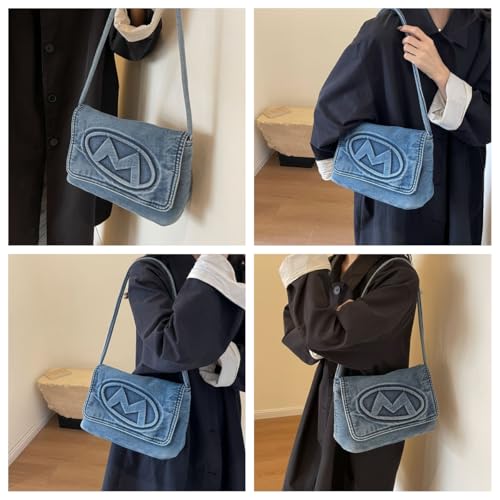Denim Shoulder Bag Women Casual Tote Handbag Soft Blue Jean Bag (Blue)2