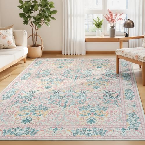 Lessymo Floral Washable Area Rugs 6x9, Soft Pink Rugs for