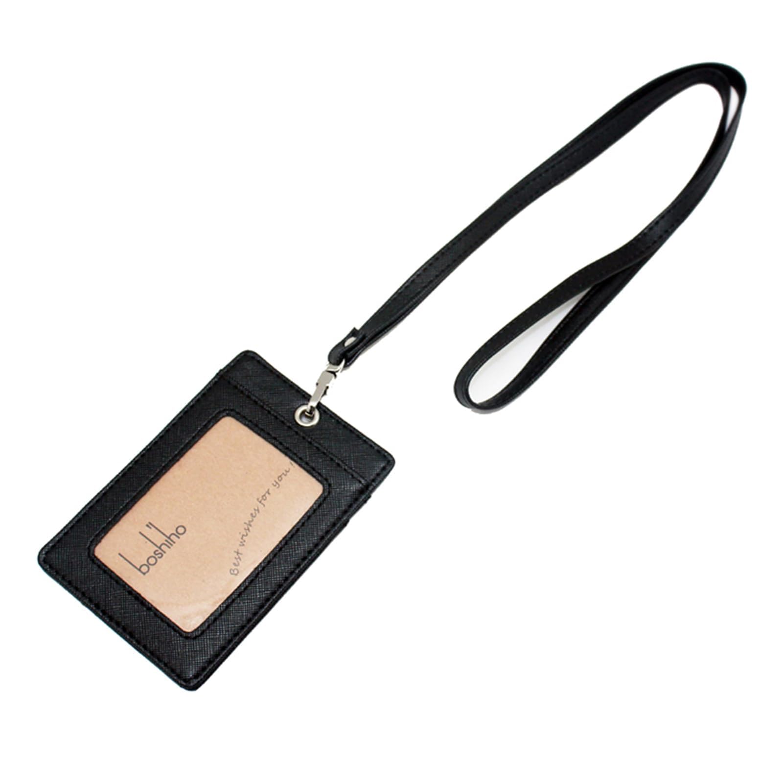 Boshiho Vertical Style Leather ID Card Badge Holder with Heavy Duty Lanyard (Black 2)