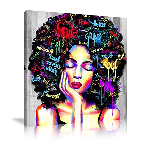 AMEMNY African American Women Wall Art 1 Panels Framed Canvas Black Girl Wall Decor Hippie Bedroom Living Room Home Decor Decal Painting Graffiti Poster Print Painting Framed Ready to Hang