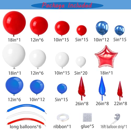 Image of 173PCS Red White and Blue Balloons Garland Arch Kit, 18 12 10 5 Inch Red White Blue Balloons for Independence Day Graduation Birthday Party Decorations