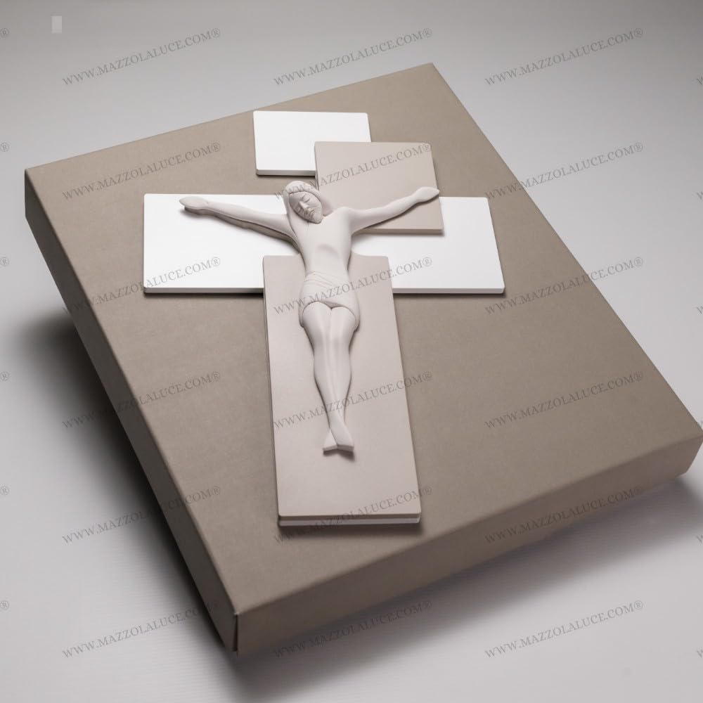 CROCIFISSO da Parete 27X19 Moderno Legno Tortora Cristo MARMORINO Bianco ME12102NB