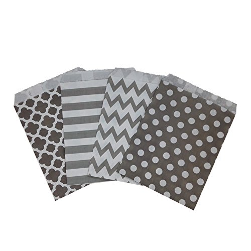 Biodegradable Paper Candy Cookie Bags, NUIBY Food Safe Favor Bags, Buffet Treat Bags for All Party Loot Bags - 100 Counts, Assorted 4 Designs (Grey) - Thumbnail 3