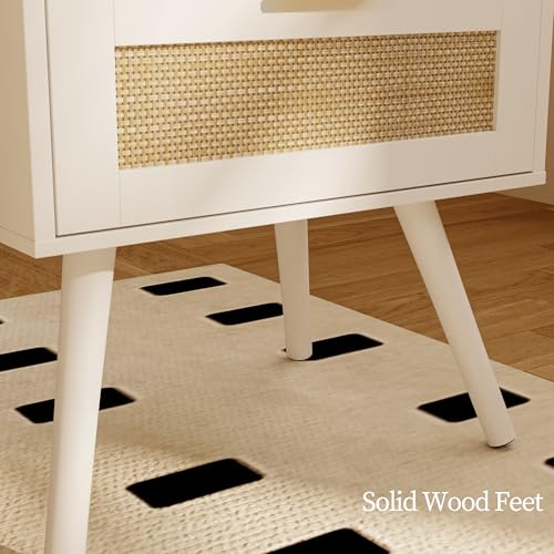 Image of JOONEE Rattan Nightstand with Charging Station,Farmhouse Bedside Table with 2 Storage Drawer and Open Wood Shelf, for Bedroom and Small Spaces,Night Stand with Solid Wood Legs (White-Outlet)