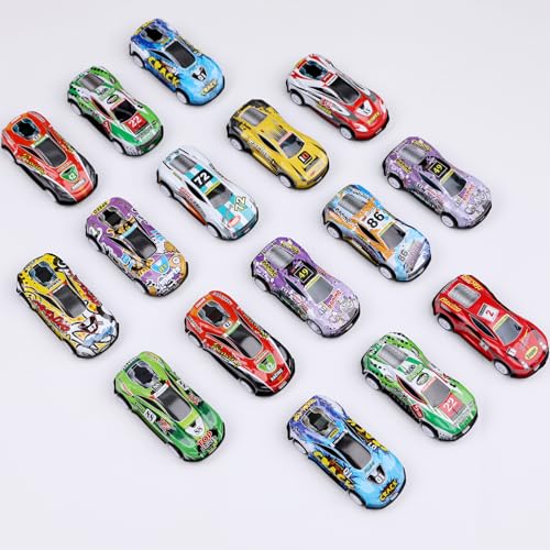 parallelower 16 Stück Metall Kleine Spielzeugautos Mini Auto Set Stunt Spielzeugauto Mini Rennauto Metall Set Rennauto Aufziehautos mit Rückzug Mini Auto Set für Mädchen Jungen(zufällig)