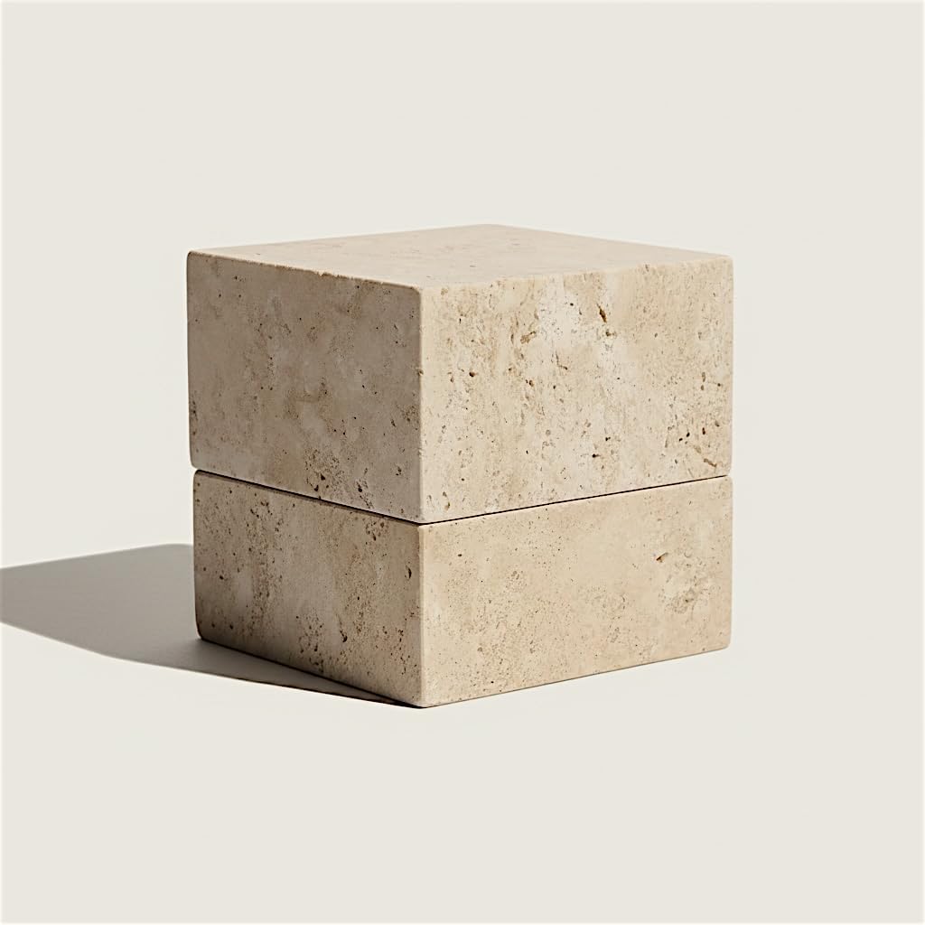 Travertine Cube Container with Lid, 50/50 Box, Natural Stone Holder, Square Storage for Jewelry, Desk Accessories, Entryway, Key Valet, Bathroom, Cotton Swab, Luxury Modern Home Decor