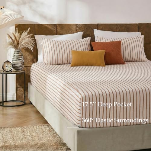 Image of Merryword 100% Cotton Sheet Set Full Size - Beige and Terracotta Striped Bedding, Soft Breathable Percale Weave, Deep Pocket Fitted Sheet 17.5 inch, Luxury & Silky Soft Sheet Set for All Seasons