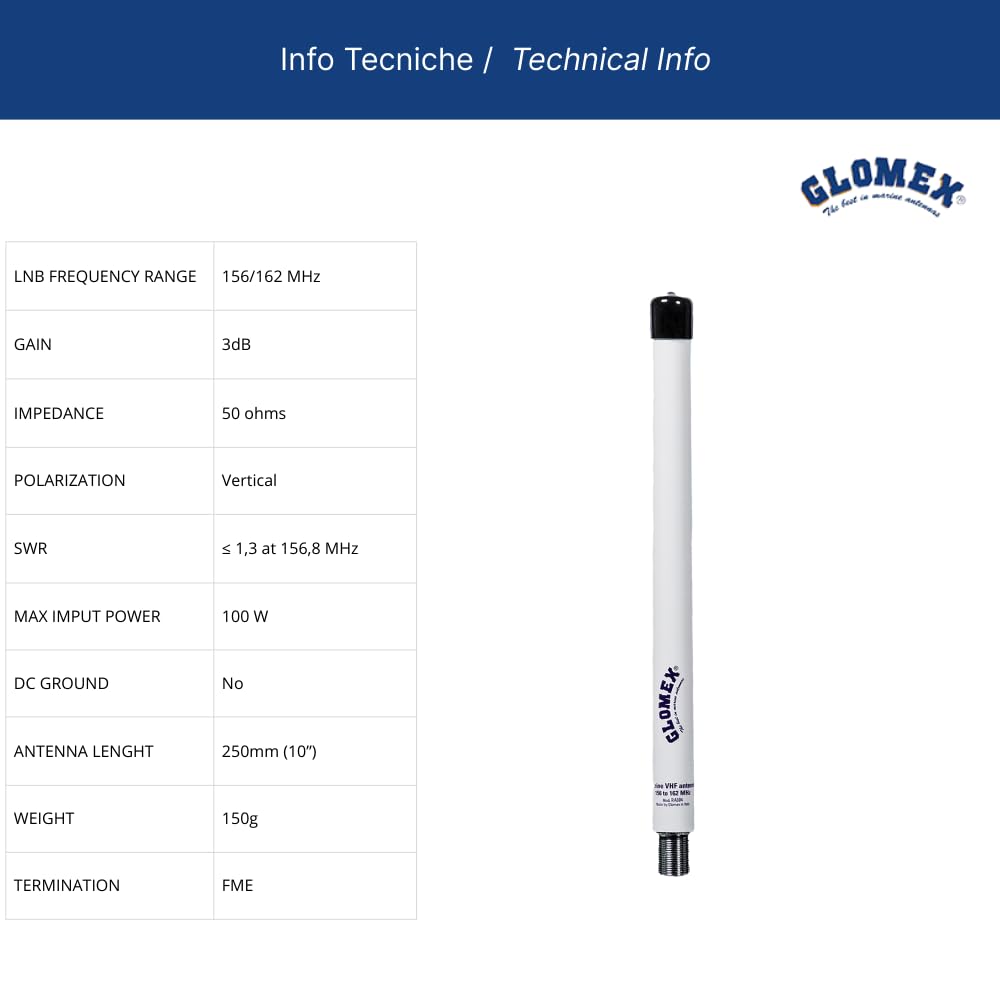 Glomex – Antenna VHF Glomeasy Compatta 25cm (Fibra di Vetro), Modello RA304 – Fast Fitting FME, 3dB, Per Ponte o Testa d'Albero, Per barche a vela e motore – Installazione Rapida e Performante