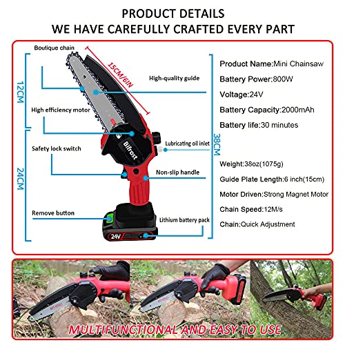 Mini Kettensäge 6 Zoll Akku Handkettensäge 24V Akku-Astsägen Elektrische Schnittsäge mit 2 Batterien für Gartenbaum AST… – Bild 7