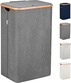Lonbet - Kosz na pranie z pokrywką duży - XXL 100 litrów - kosz na pranie drewno bambusowe - kosz na pranie szary z uchwytami - szary Laundry Basket - Laundry Hamper with Lid
