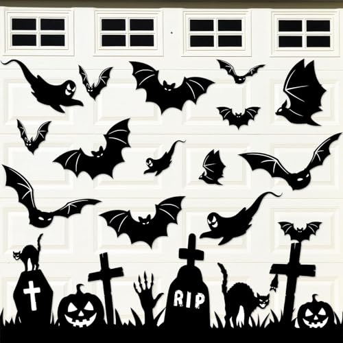 32Pcs Halloween Garage Magnets Door Decorations Happy Halloween Tombstone Cross Pumpkins Black Cat Bat Ghost Magnetic Refrigerator Stickers Large Decals for Halloweens Holiday Outdoor Car Party Decor