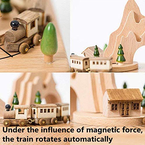 Caja musical de madera con túnel de montaña y tren magnético de juguete para decoración 3