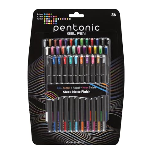 Pentonic Gel Pens, 36 Count, 36 Assorted Colors (Assorted Color, Neon, Pastel & Glitter), Medium & Fine Point, Smooth Writing For Journaling (1002358)