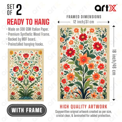 Image of ArtX Paper Flowers Art Paintings with Frame for Home Decor, Floral Wall Painting for Living Room, Multicolor, Natural Wood Color Frames, Set of 2