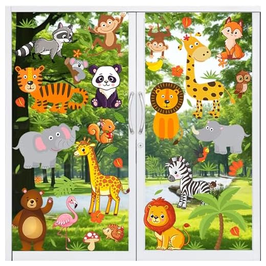 Moxled 9 Blatt Fensterbilder Kinderzimmer Selbstklebend - Waldtiere Wandtattoo Kinderzimmer Fenstersticker Wiederverwendbare Fensteraufkleber für Schlafzimmer Kinderzimmer Deko