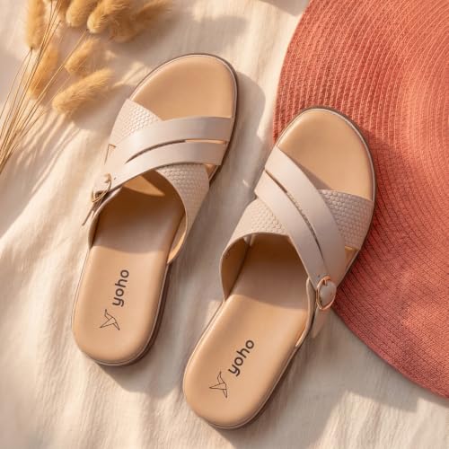 Image of YOHO Evergreen Slides Cross Strap Sandals for Women | Stylish, Comfortable Orthopedic & Anti Skid | Office, Summer, Beach, Casual Wear Flats for Ladies /Girls
