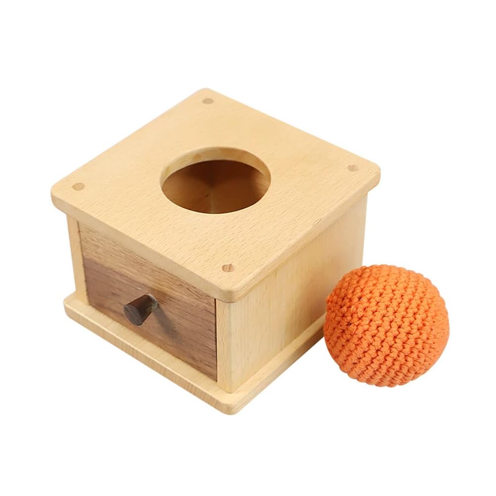 ttnmrc Montessori Object Permanence Box with Crocheted Ball, Wooden Hand-Eye Coordination Toy, Baby Sensory Development Toy
