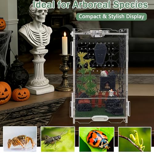 Image of Jumping Spider Enclosure 5.1 inchx3.1 inchx3.1 inch - Magnetic Locking Lid, Front Opening Door, Feeding Port, Easy Assembly Habitat for Tarantula, Mantis, Small Reptiles (Accessories Not Included)