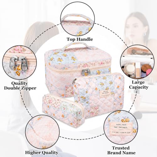 Image of Lyrovo Makeup Organizer Cosmetic Bag Quilted Large Floral Make Up Organize Set for Women Flower Travel Toiletry Bag (BWF)