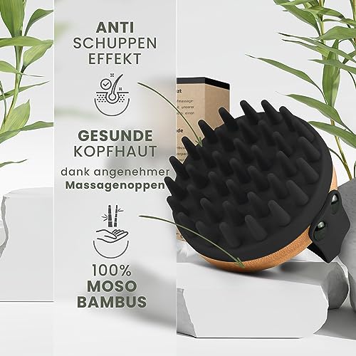 BAMBUA Kopfhaut Massagebürste - (Anti-Schuppen Effekt) Kopfmassage Bürste - Zur Kopfmassage beim Duschen - Premium Scalp Massager - Utensilienset Massage inkl. E-Book „Gesunde Kopfhaut“ (Schwarz)
