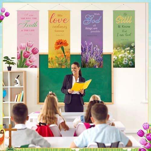 Image of Panelee 4 Pcs Church Banners for Sanctuary Wall Blooming Flower Church Banners with Scripture Inspirational Religious Praise Bible Verses Hanging Backdrop Signs for Sunday School Worship Decoration