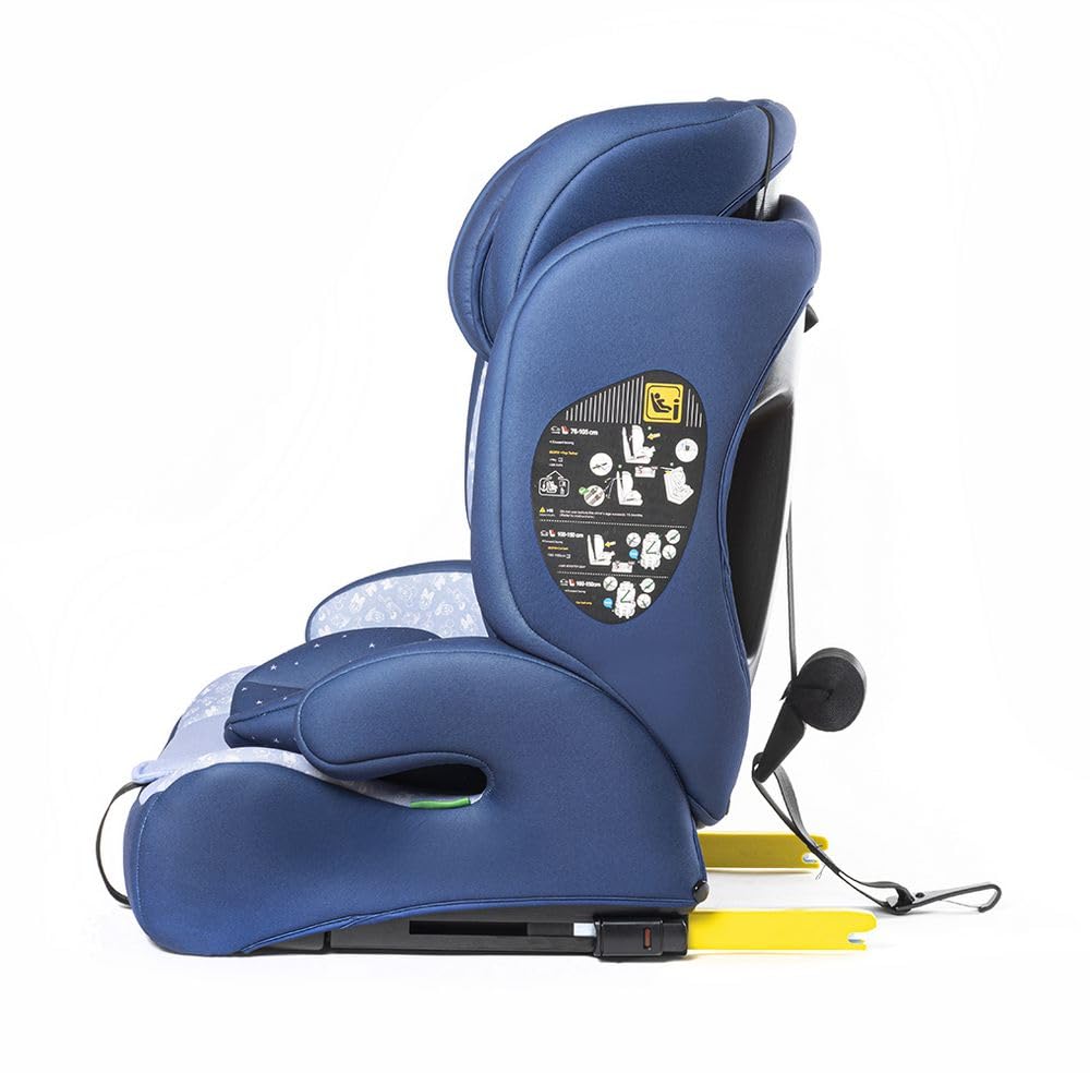 Disney Mickey Mouse Autositz Mit ISOFIX-Befestigung Für Kindersicherheit Mit Einer Körpergröße Von 76 Bis 150 Cm Mit Grafiken Von Mickey Mouse Und Seinen Freunden Auf Blauem Hintergrund