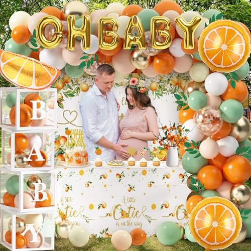 Image of Little Cutie Baby Shower Decoration Orange Theme Birthday Party Supplies A Little Cutie is On The Way Backdrop Tablecloth Balloon Garland for Tangerine Fruit 1st Birthday Baby Shower