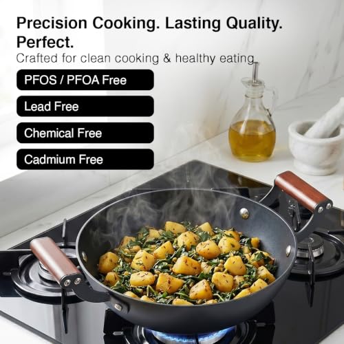 Image of Prestige Castlite Patterned Enamel Coated Cast Iron Kadai 24cm /2.4L with Glass Lid | High Heat Retention, Rust-Proof | Gas & Induction Compatible | Low-Oil Cooking | Stay-Cool Handles | 15Y Warranty