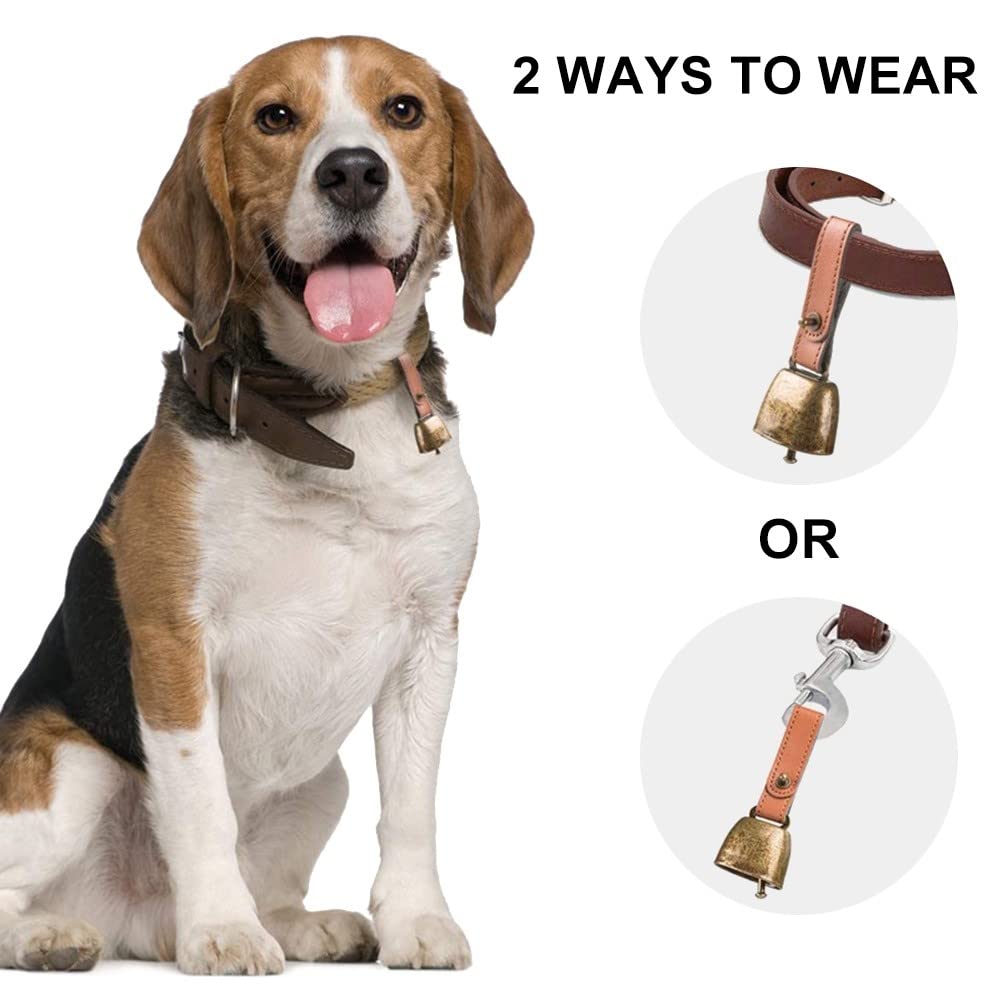 DONGKER Lot de 2 clochettes de collier pour chien et chat, cloches en métal pâturage en cuivre avec sangle bouton en cuir pour dressage d'animaux de compagnie