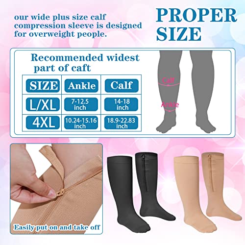 Hillban 2 Pair Wide Plus Size Calf Compression Socks With Zipper For Overweight Women Men 15 To 25 Mmhg (Black, Beige, 2X-Large) #TOP1