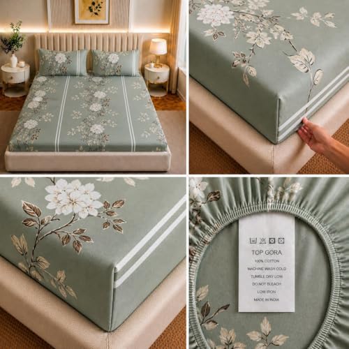 Image of Castiqa Cotton Feels All Over Elastic Fitted Bedsheet Set with 2 Matching Pillow Covers Queen Size 60x78 Light Green