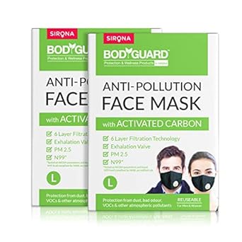 Bodyguard Unisex Cotton Reusable N99 + PM2.5 with 6 Layer Anti Pollution Face Mask with Valve (Black, Large) - Pack of 2