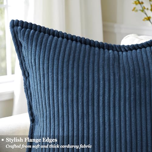 decorUhome Corduroy Navy Blue Throw Pillow Covers 18x18 Set of 2 Decorative Soft Boho Striped Neutral Euro Farmhouse Couch Pillow Cases with Broadside for Living Room Bed Sofa