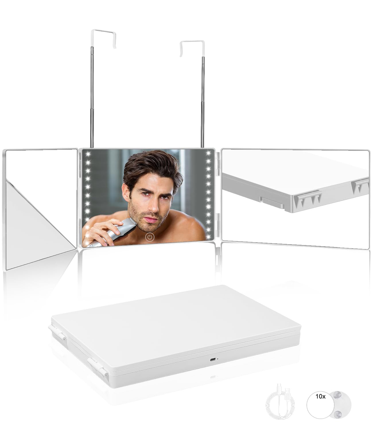 Xespis Espejo 360 Cortar Pelo con Luz, Espejo Triple, Espejo de Tocador Portátil, Plegable y Altura Ajustable, con Espejo de Aumento 10X, para Barbero, Raparse, Peluqueria, Maquillaje(Blanco)