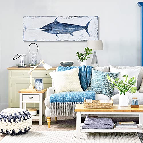 BATRENDY ARTS Swordfish Canvas Wall Art Blue and White Fish Painting Ocean Beach Theme Picture Hand Painted Nautical Costal Marine Animal Artwork Print for Bathroom Bedroom Framed - Image 4