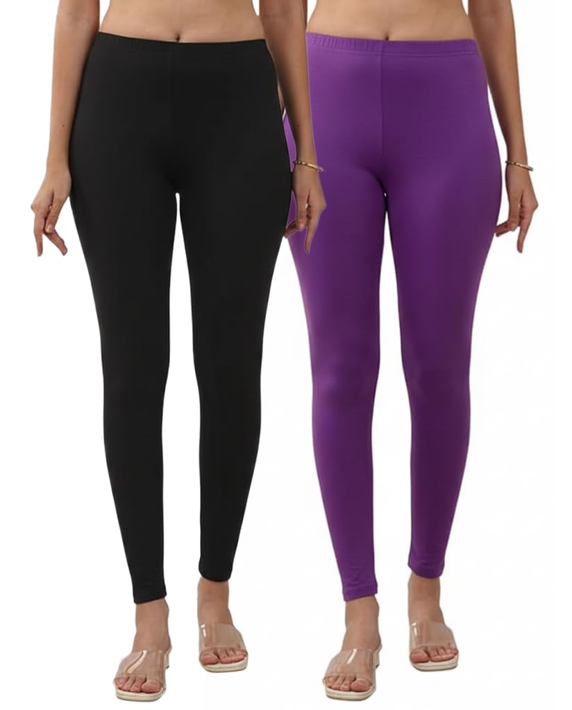 Women and Girls Full Length Leggings | Cotton Spandex/Elastane 4 Way Stretchable | Casual Slim fit Ultra Soft Leggings-Pack of 2