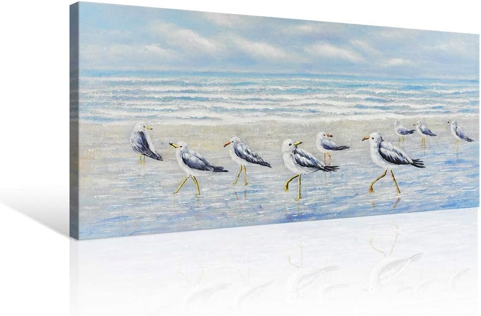 Seaside Pictures Ocean Beach Theme Wall Art Sea Birds by The Sea Shore Decor Seagull Oil Painting Canvas Artwork Gallery Wrapped for Living Room Bedroom Bathroom Easy to Hang