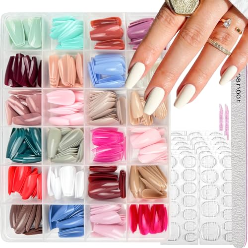 Image of 24 Colors Press on Nails Coffin Fake Nails Medium False Nails Pure Color Glue on Nails Glossy Reusable Artificial Acrylic Nail Full Cover Solid Color Stick on Nails for Women Manicure 576Pcs