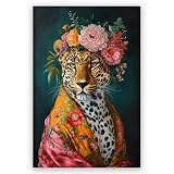 TcnBzydkij Leopard Wall Art - Pink Cheetah Portrait, Floral Crown, Jungle Animal Flowers, 12x18inch Unframed
