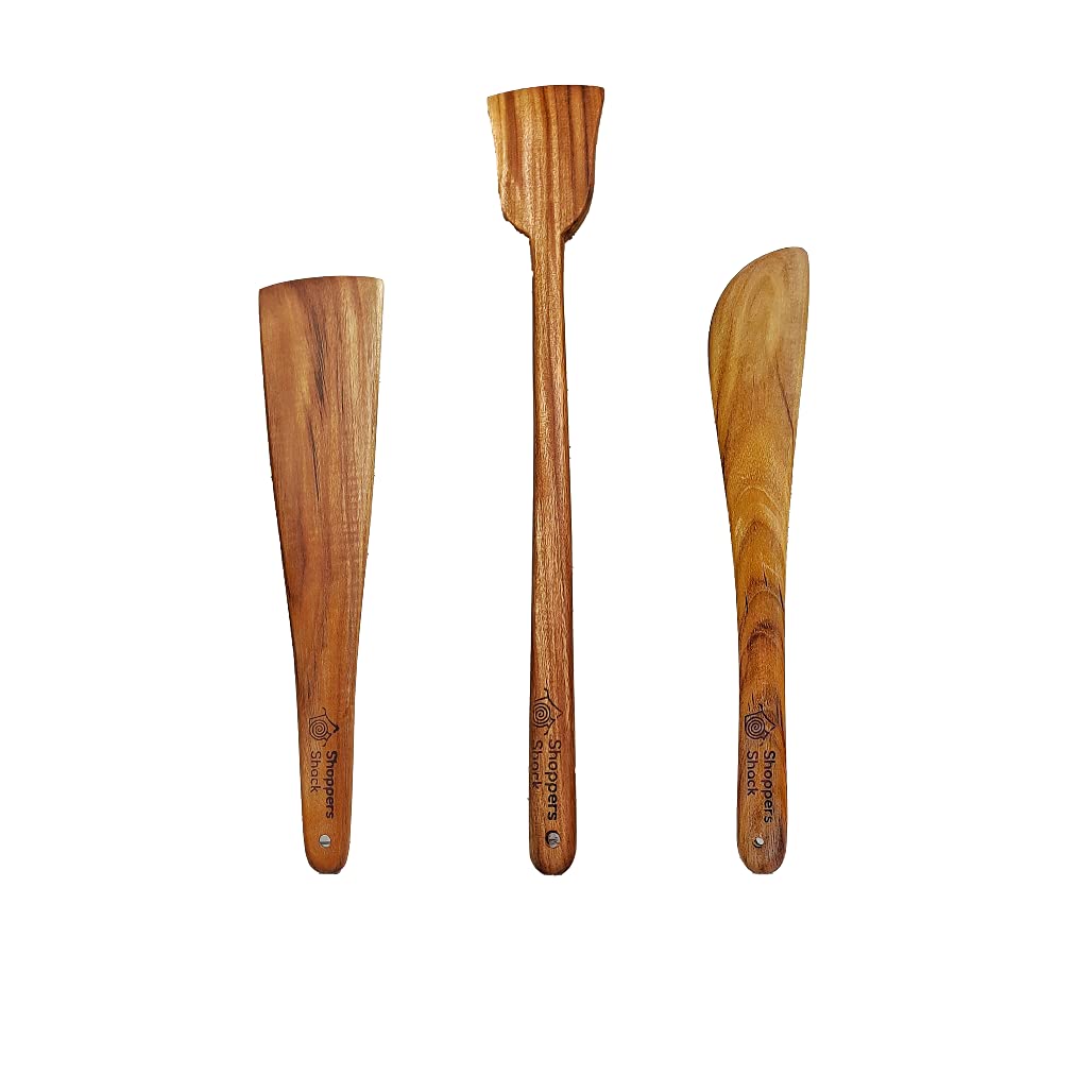 Shoppers Shack Wooden Flip/Spatula/Ladle for Cooking Dosa/Roti/Chapati | Kitchen Tools | No Harmful Polish | Handmade | Naturally Non-Stick Cookware - (Neem Wood, Set of 3) (Combo of 3 Pieces)