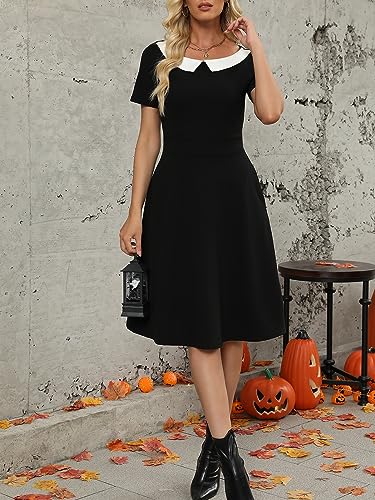 Image of Women's Elegant Vintage Dresses Knee Length Casual Floral Print Work Party Peter Pan Collar A-Line Dress with Pockets 978