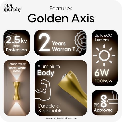 Image of Murphy Golden Axis 6W LED Up Down Wall Light | Warm White | Premium Gold Finish | Aluminium Body | Decorative Indoor Wall Lamp | 2 Year Warranty | Pack of 5