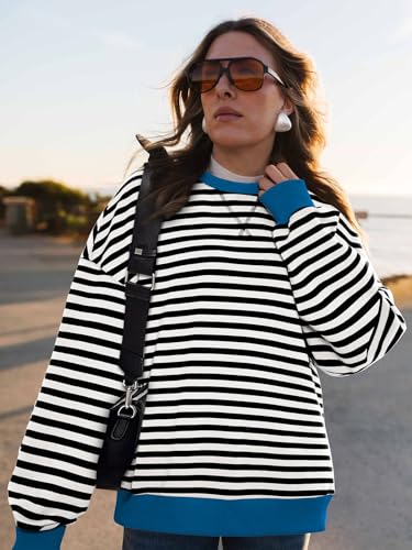 Image of PRETTYGARDEN Womens Striped Oversized Sweatshirt Color Block Crew Neck Long Sleeve Casual Loose Pullover Top Y2K Clothes